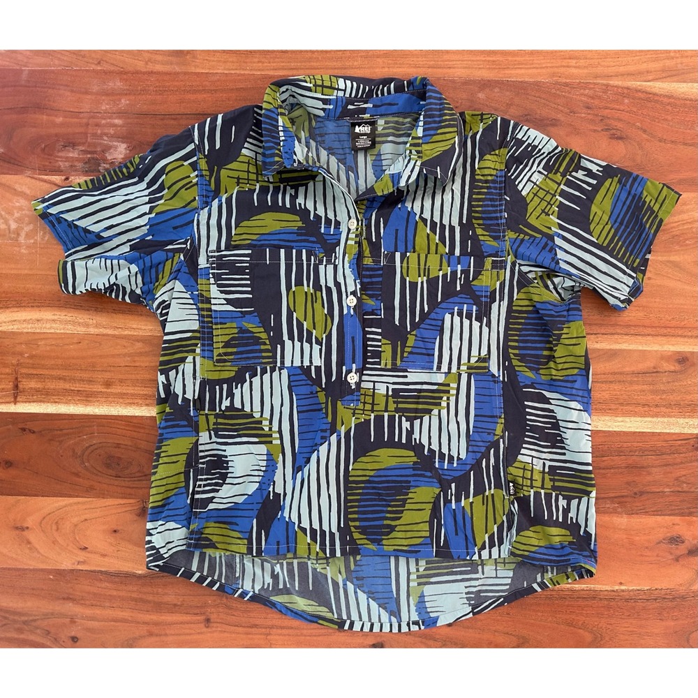 REI Co-op Womens Large Blue Green Abstract Print Short Sleeve Hiking Shirt Top